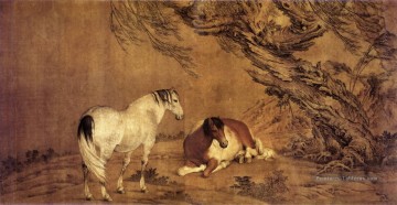 Lang Shining 2 chevaux sous saule ombre ancienne Chine à l’encre Giuseppe Castiglione Peinture à l'huile